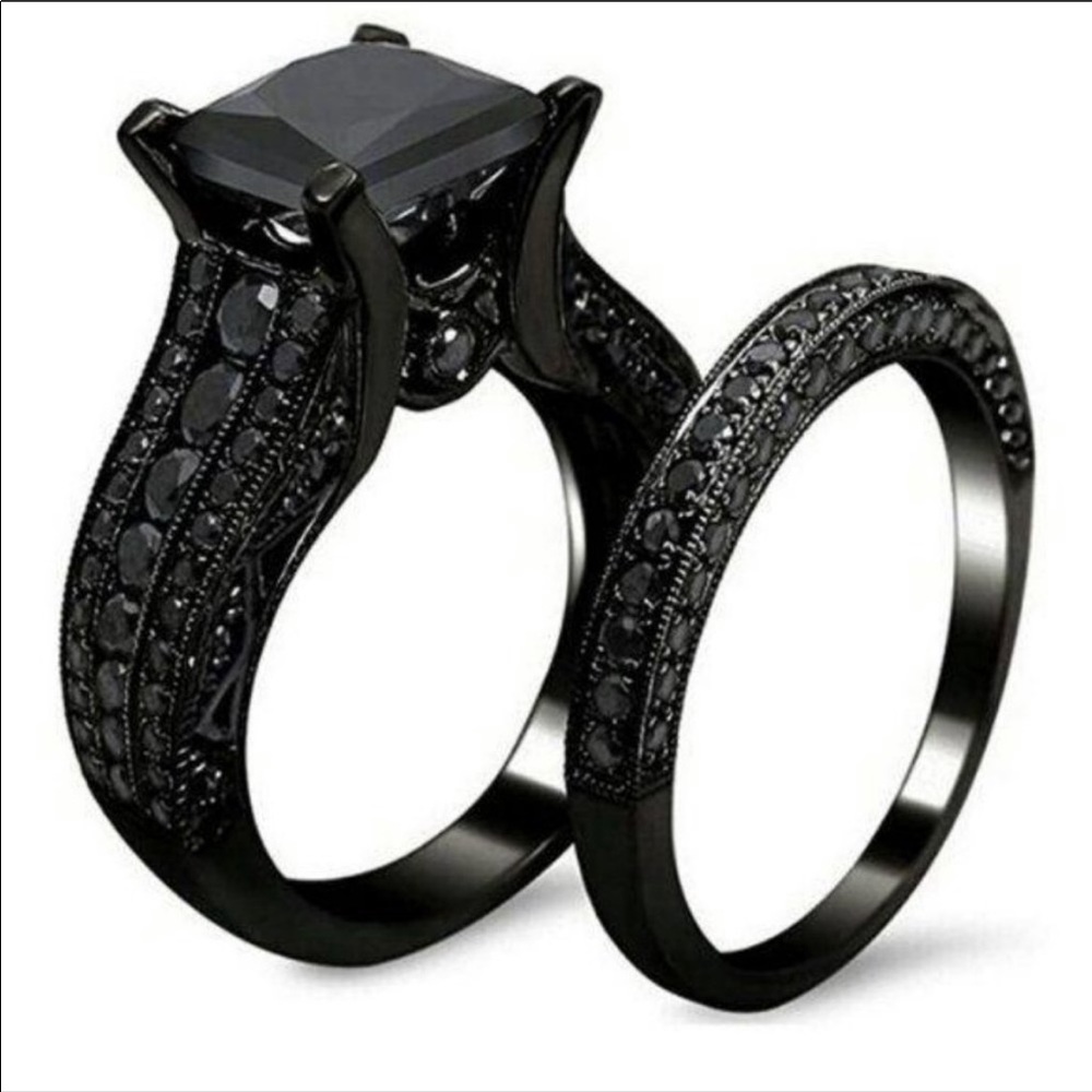 💎 18K BLACK SAPPHIRE DIAMOND STERLING SILVER RING - Picture 7 of 9